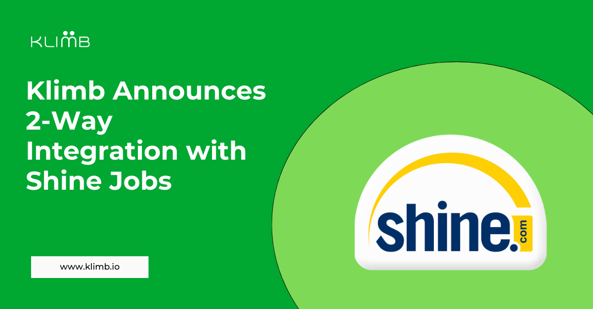 A partnership announcement banner featuring the headline "Klimb Announces 2-Way Integration with Shine Jobs" alongside the Shine.com logo.