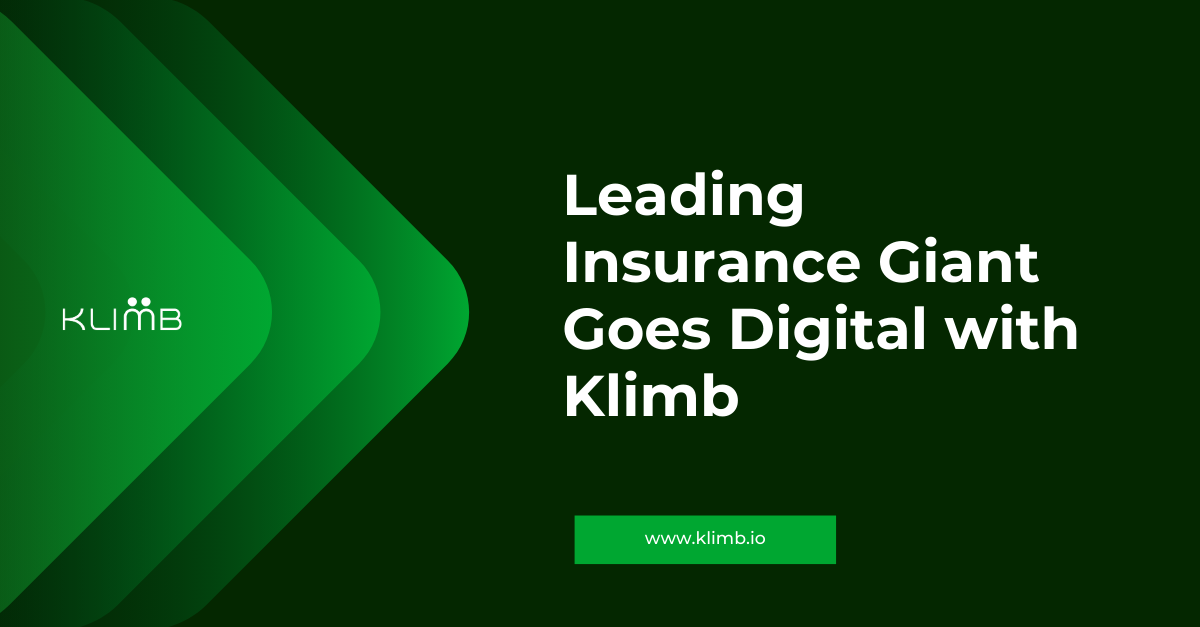 A success story banner from Klimb featuring the headline "Leading Insurance Giant Goes Digital with Klimb," highlighting the recruitment automation journey.