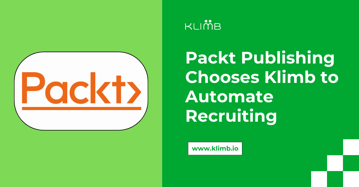 A recruitment success story banner featuring the Packt Publishing logo and the headline "Packt Publishing Chooses Klimb to Automate Recruiting."