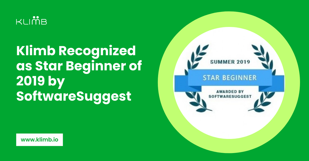 An award banner for Klimb being recognized as the Summer 2019 Star Beginner by SoftwareSuggest.
