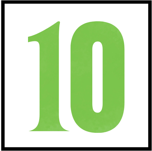 A large, lime green serif number ten (10) centered inside a square white background with a thin black border.