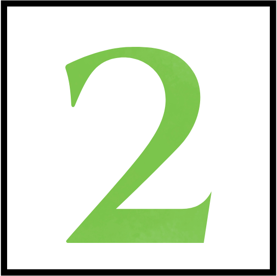 A large, lime green serif number two (2) centered inside a square white background with a thin black border.