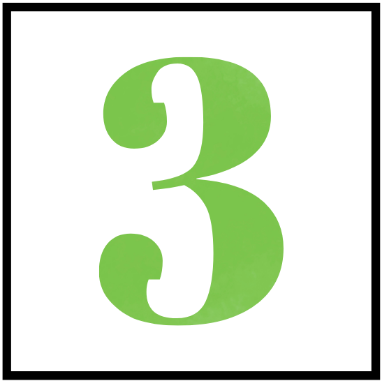 A large, lime green serif number three (3) centered inside a square white background with a thin black border.