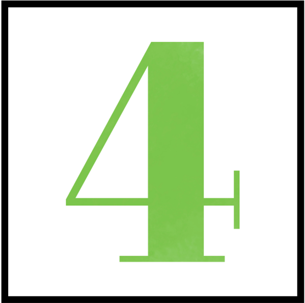 A large, lime green serif number four (4) centered inside a square white background with a thin black border.