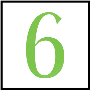 A large, lime green serif number six (6) centered inside a square white background with a thin black border.
