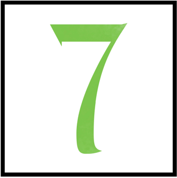 A large, lime green serif number seven (7) centered inside a square white background with a thin black border.