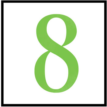 A large, lime green serif number eight (8) centered inside a square white background with a thin black border.