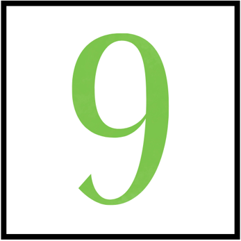 A large, lime green serif number nine (9) centered inside a square white background with a thin black border.