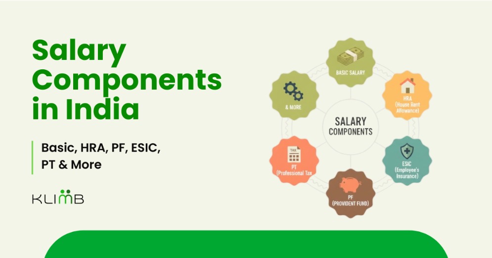 An infographic by Klimb breaking down the key salary components in India, including basic salary, HRA, PF, ESIC, and Professional Tax, to explain the salary structure.