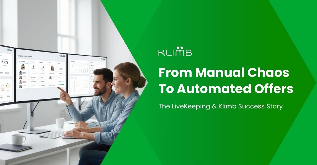 Success story slide highlighting how LiveKeeping improved its hiring and recruitment processes using Klimb, showcasing efficient candidate management, accurate referrals, and streamlined offer rollouts