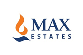 Max Estates corporate logo featuring an orange flame icon and navy blue typography, featured in a jklimb.io real estate success story.